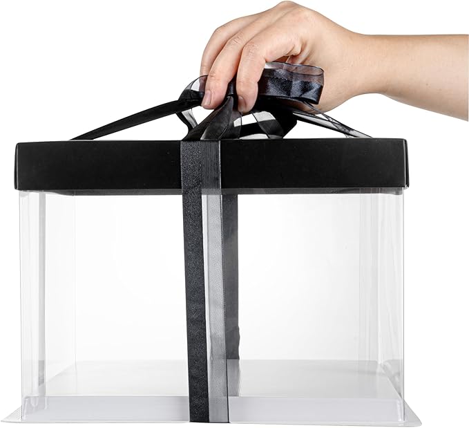 Sweet Vision Square Clear Plastic Cake Box - Black Lid and White Base, Black Ribbon - 8 1/2" x 8 1/2" x 6 3/4" - 10 count box