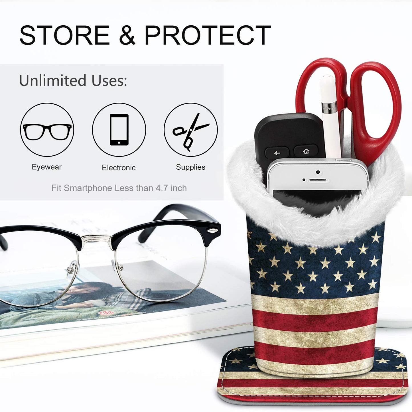 FINTIE Plush Lined Eyeglasses Holder, Glasses Stand Case, Anti-scratch Glasses Storage Organizer for Desk, Nightstand, Office, US Flag