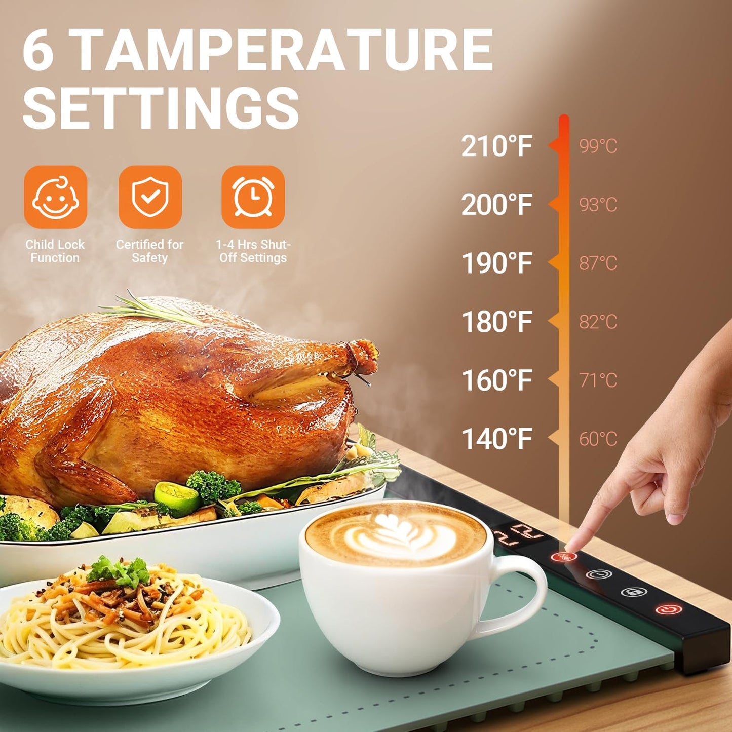 Warming Mat for Food - Full Surface Rapid Heating, Rollable & Portable Food Warmer Mat with 6 Temperature Settings and 1-4 Hours Adjustable Timer, Silicone Heating Mat for Party Buffet (Green-XXL)