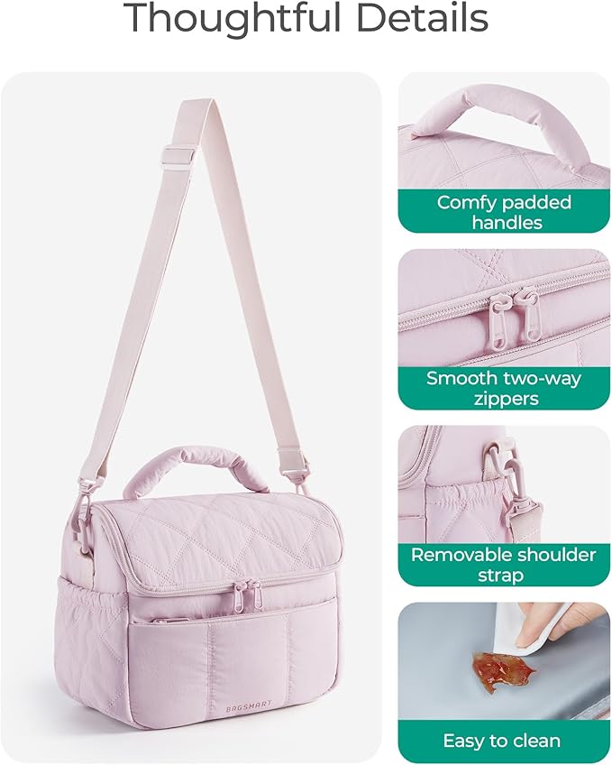 BAGSMART Insulated Lunch Bags for Women, Cute Quilted Lunch Box, Lightweight Puffy Padded Waterproof Lunch Tote, Reusable Lunch Cooler for Work Picnic Travel, Sage Green