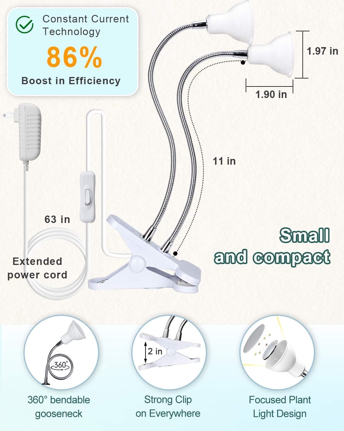DOMMIA Grow Lights for Indoor Plants, Full Spectrum, Dual Head, Adjustable Gooseneck, Warm White, Model DMGL05