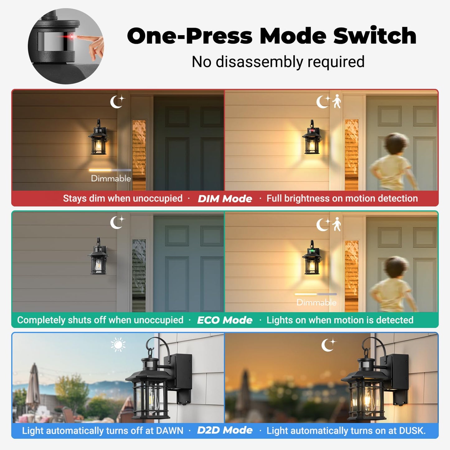 Opaxis Porch Light With Gfci Outlet  Motion Sensor Outdoor Lights  Dusk To Dawn 3 Lighting Modes Outdoor Light With Outlet  Black Outside Lights For House  Garage  Garden  Waterproof  100% Aluminum