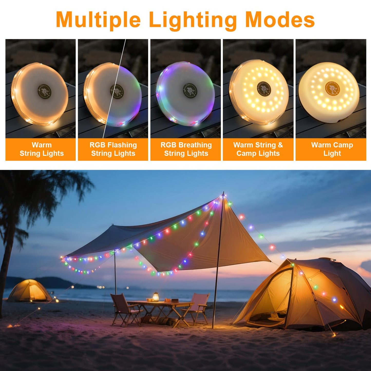 Hiromeco 2-in-1 Solar Camping Lights String, 5 Modes, IP65 Waterproof, 1200mAh Battery, 29.52ft, Multicolor, Model Hir-CSL
