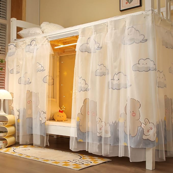Beautiful Gauze Bunk Bed Curtains Drapes with Lace Privacy Bed Canopy for Bottom, 2 Panels, Bear Rabbit