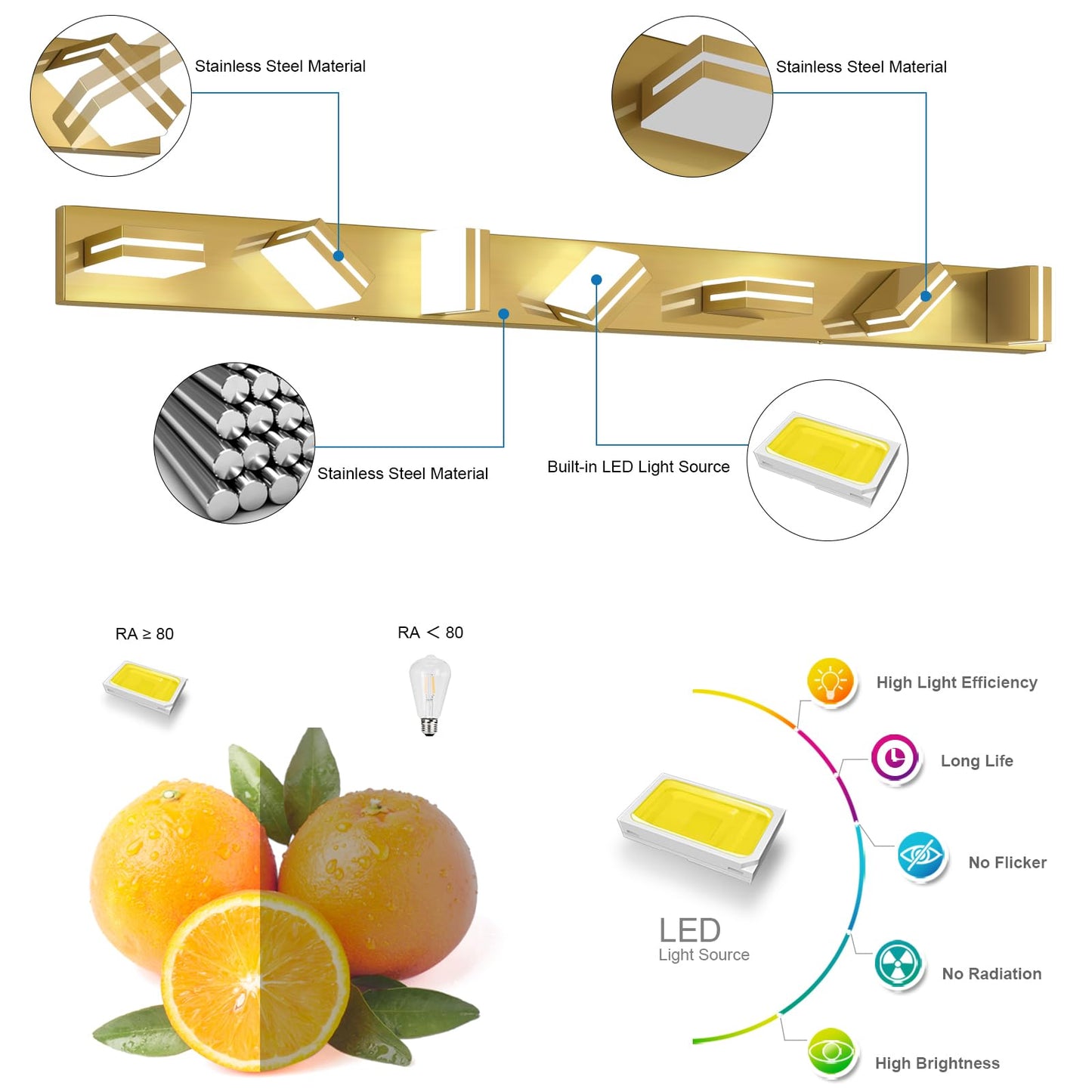 SineRise LED Bathroom Vanity Light Fixtures 7-Light 55-Inch Brass Dimmable Acrylic 6000K Over Mirror