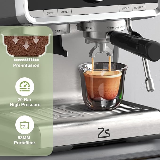 Semi-Automatic Espresso Machine, 20 Bar Professional Coffee Maker with Grinder, 1450W Fast Heating, 30 Grind Settings, Milk Frother Steam Wand, 2.8L Water Tank,Home & Kitchen Espresso Machines, Silver