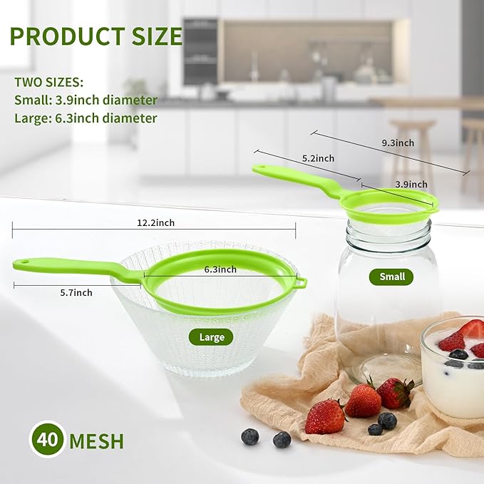 Kefir Strainer Set, 2-Size Plastic Non-Metal Sieve with Fine Mesh for Kefir Grains, Milk Kefir, Water Kefir & Kombucha - Durable, Food Grade & Easy Clean, Green