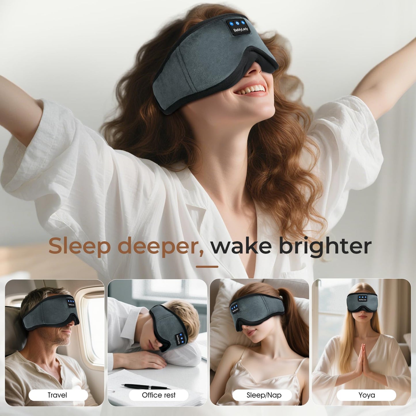 BeMyLady Sleep mask Headphones,100% Blackout 3D Zero Eye Pressure Bluetooth Sleep mask Breathable Eye mask with Bluetooth Headphones Sleep Headphones for Side Sleepers, 14H Playtime&Bluetooth 5.4 Grey