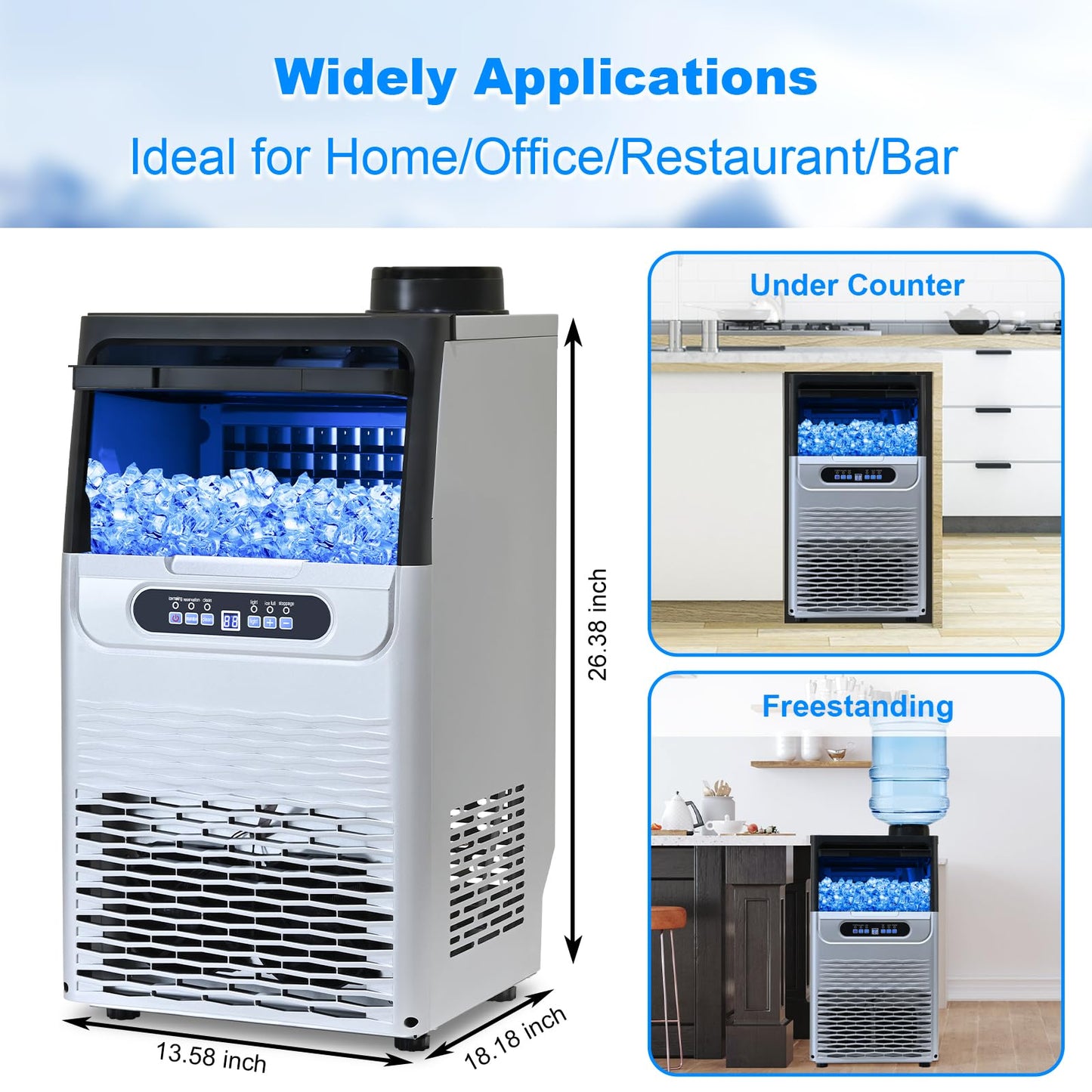 Amzgachfktch Ice Maker 100lbs/24H, Commercial Ice Maker Machine with 2 Water Inlet Modes, Ice Machine with 22lbs Storage, Auto Self-Cleaning, Under Counter Ice Maker for Home/Office/Shop/Bar