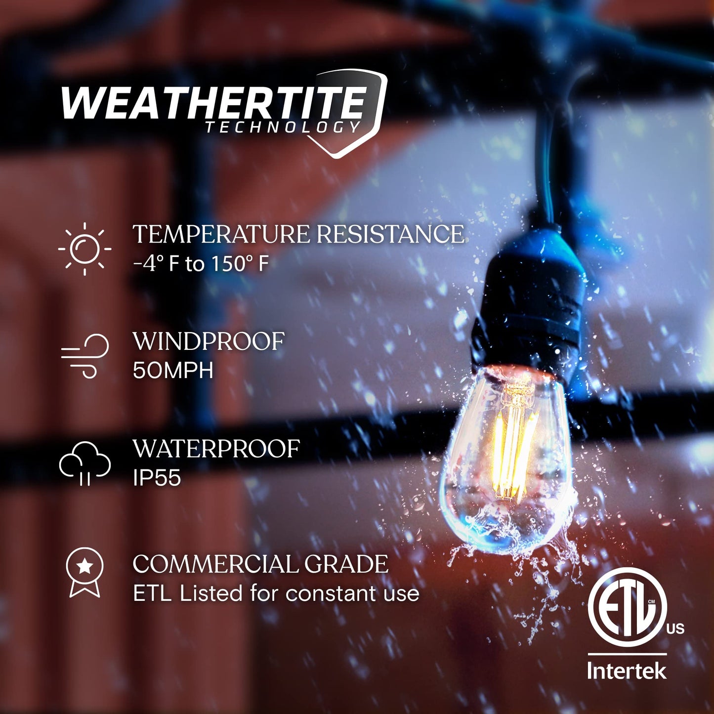 Brightech Ambience Pro Outdoor String Lights - 48 Ft, Dimmable Vintage Edison Bulbs, Waterproof, Soft White (2700K)