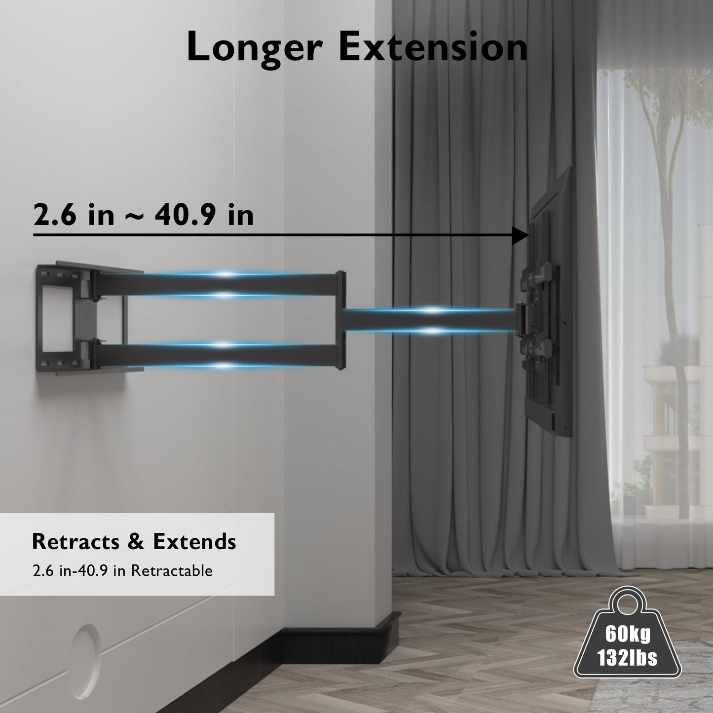 BONTEC TV Wall Mount with Extra Long Extendable Arm for 32-75 Inch TVs, Holds Up to 132lbs, Full Motion Dual Arm TV Bracket with Tilt, Swivel, Level Adjustment, Max VESA 600x400mm, Wide Compatibility