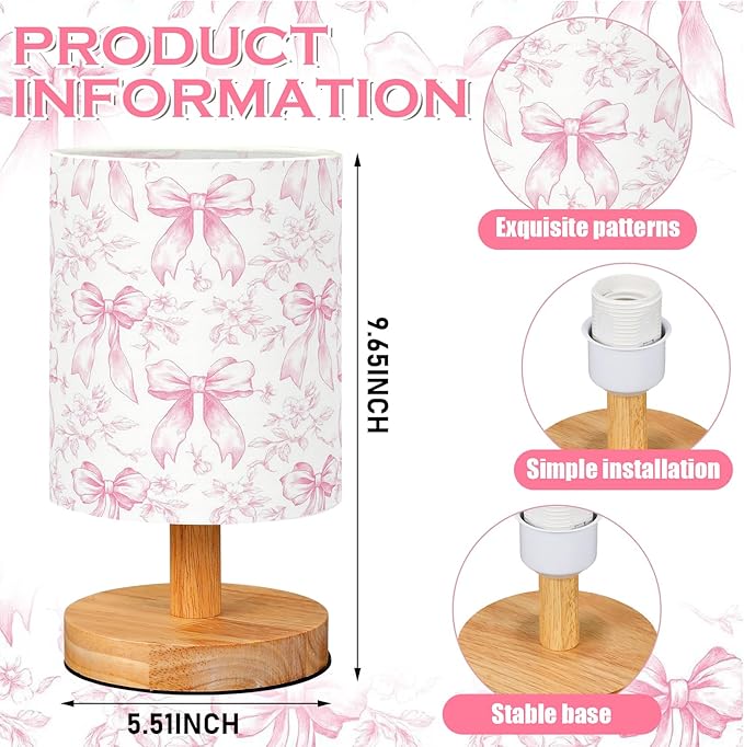 VIHOSE Floral Bow Kids Table Lamp for Bedroom Kids Bedside Lamp with Linen Wooden Nightstand Cartoon Nursery Lampshade for Girls Boys Living Room