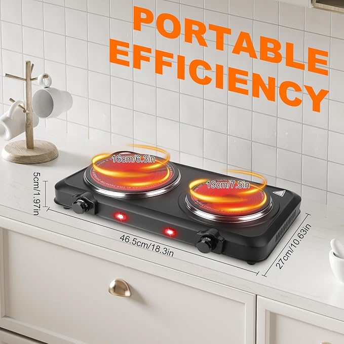 Double Burner Infrared Electric Cooktop, 2000W Double Burner Hot Plates for Countertop with 7.5” & 6.3” Glass Cooktop, Stepless Temperature Adjustments for Home RV Camping