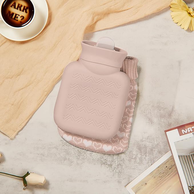 Amylove Mini Hot Water Bottle 320ml for Hot & Cold Compress with Cover Silicone Microwave Heating Small Water Bag for Travel Pain Relief Holiday Gifts(Beige)