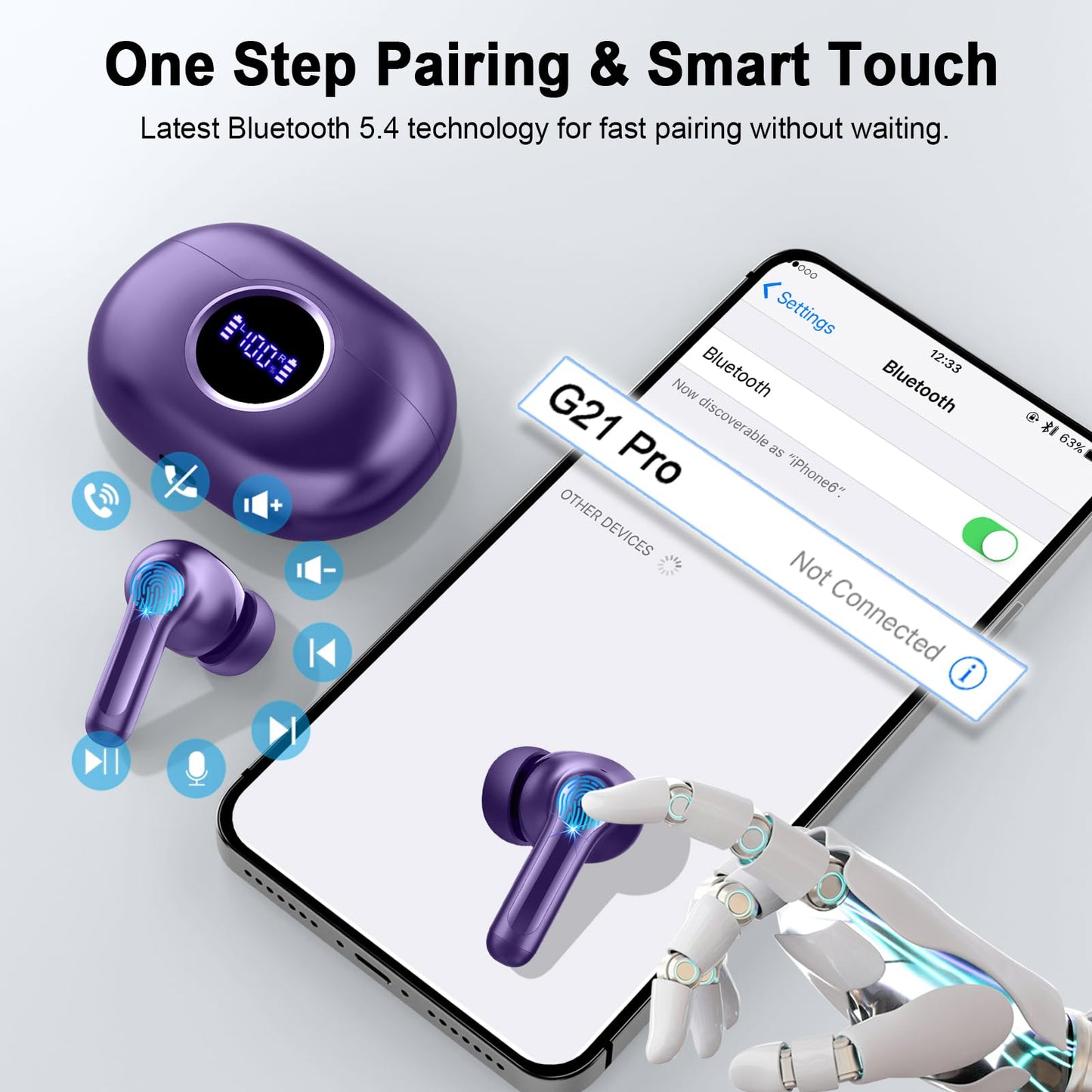 Wireless Headphones Bluetooth 5.4 Earbuds, 2025 Ear Buds Deep Bass Hi-Fi Stereo, 4 ENC Noise Cancelling Mic, 40Hrs USB Fast Charging in-Ear Earphones, IP-X7 Waterproof Workout Sport for Android iOS