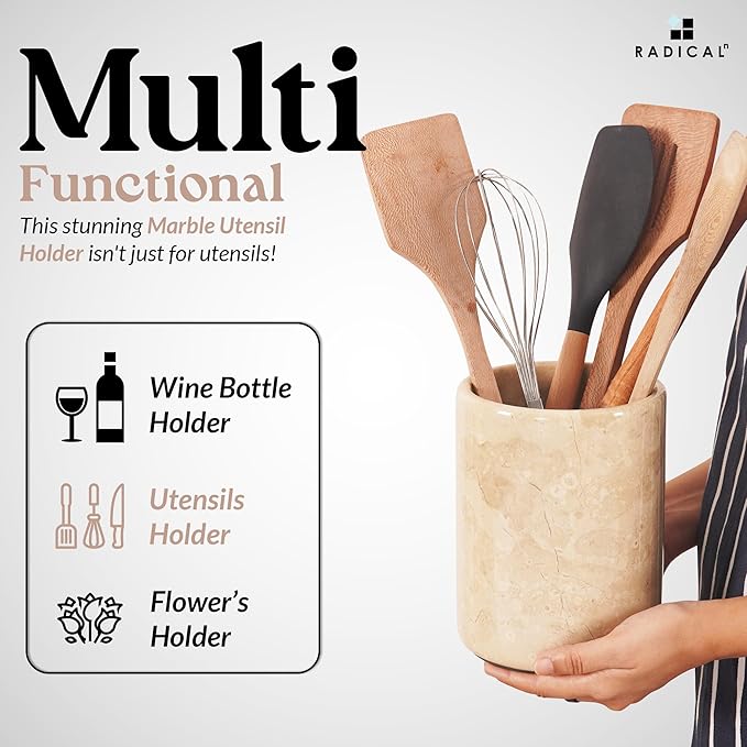 Radicaln Marble Utensil Holder 6.5" Inches Verona Handmade Spoon Holder for Kitchen Counter, Ideal Kitchen Utensils Set Organizer, Farmhouse Kitchens Decor & Christmas Gifts, Cooking Utensil Storage