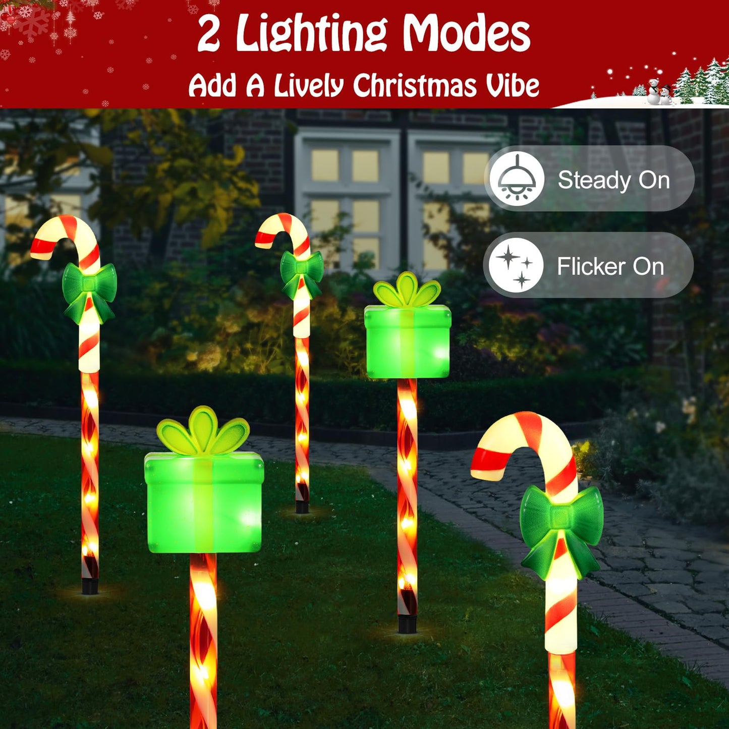 Lewondr Solar Christmas Pathway Lights, 5 PCS Solar Christmas Decorations Outdoor with 2 Lighting Modes, Cane and Gift Box Lights with Garden Stake, Waterproof Garden Yard Lawn Patio Holiday Decor