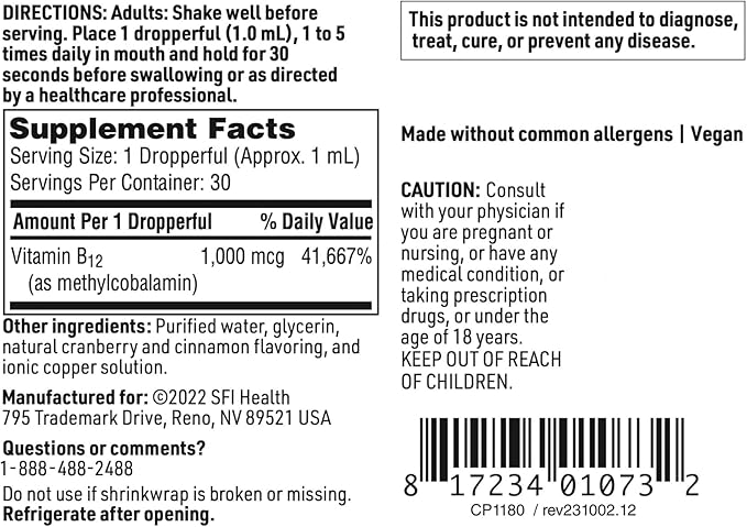 Klaire Labs Vitamin B12 Liquid Drops 1mg - Methyl B12 Drops, 1000mcg Active Methylcobalamin - Liquid Delivery for Efficient Absorption - Hypoallergenic (30ml / 1 fl oz)