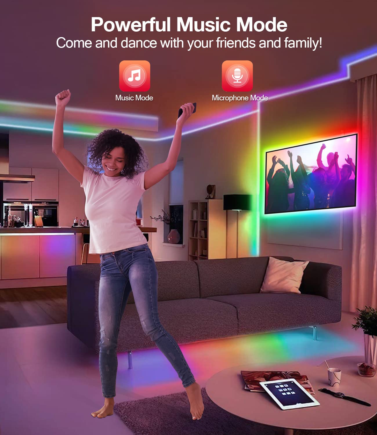 Daymeet RGB LED TV Backlight Strip, 13.1ft, Multicoloured, Music Sync, Bluetooth APP Control, for 45-60 inch TVs