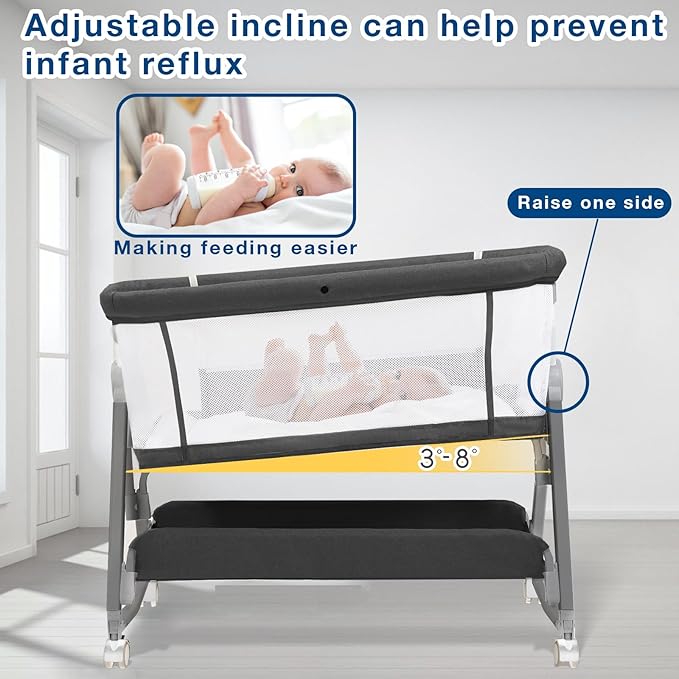 Bedside Bassinet for Baby, Adjustable Newborn Bassinet with Wheels, Storage Basket, Mattress, Easy to Assemble & Portable Folding Baby Cradle (Black)