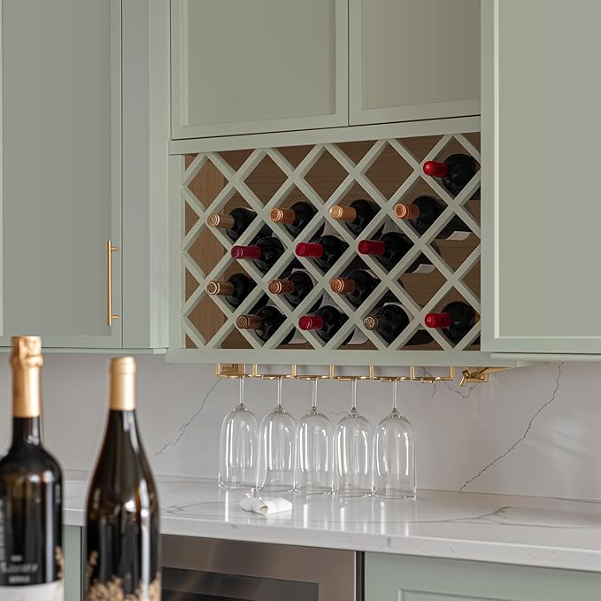 Solid Wood RTA Wine Bottle Rack Wall Cabinet with Lattice Panels Wine Holder Wine Storage Cabinet for Bar, Pantry, Wine Cellar Basement Countertop Mocha (Jade Green, 36”W × 12”D × 15”H)