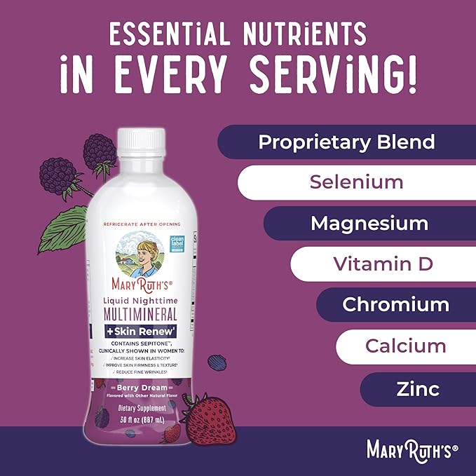 Liquid Nighttime Liquid Multimineral + Skin Renew for Women | Reduce Fine Wrinkles | Improve Skin Firmness | with Sepitone | NO Melatonin | Magnesium | Vegan | Sugar Free | 30 Servings