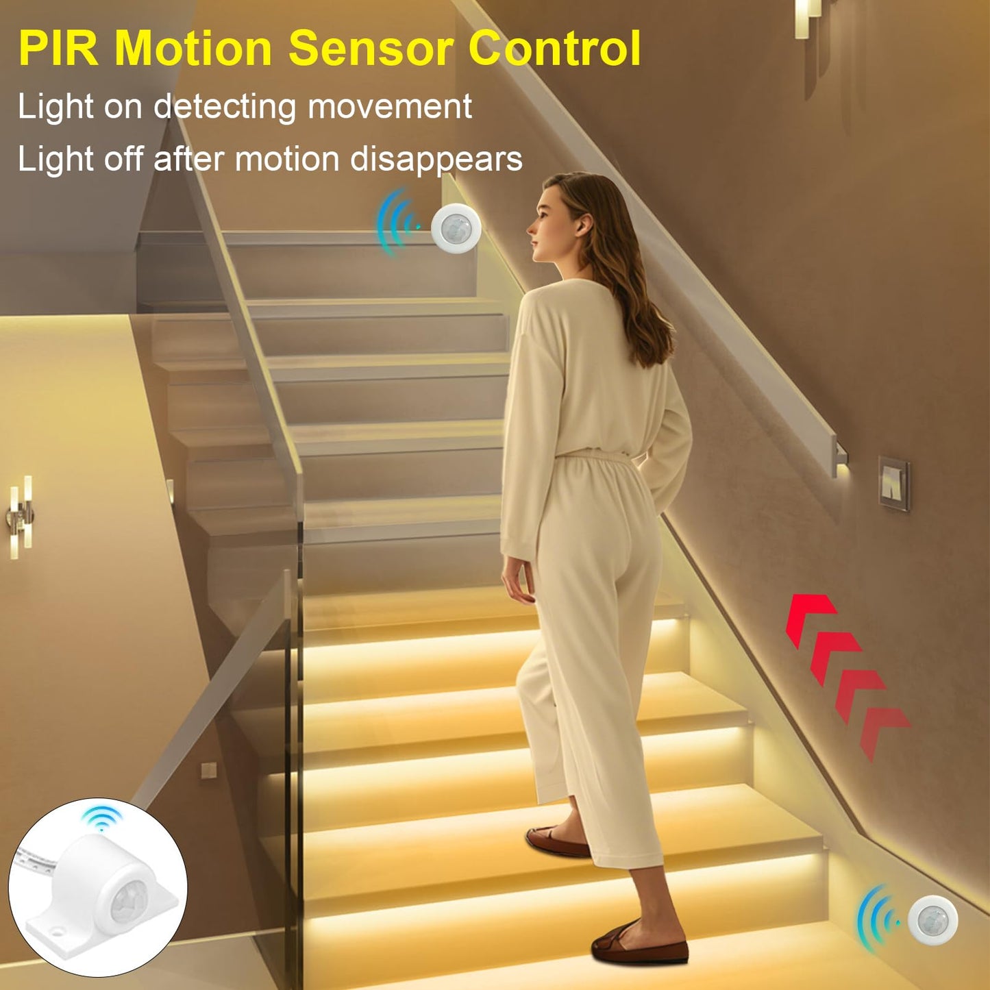 MALIIGAZA Intelligent Motion Sensor LED Stair Light Kit, 47.2in Cuttable Strip, 3000K, Plastic, Model STEP-09-16S-WW-1.