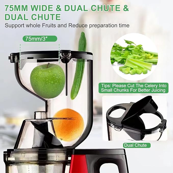 Cold Press Juicer,300W Electric Masticating Juicer Machines with 3" Large Feed Chute for Whole Fruits and Vegetables,Upgraded High Juice Yield Juice Extractor Machine with 2 Cups,Easy to Clean