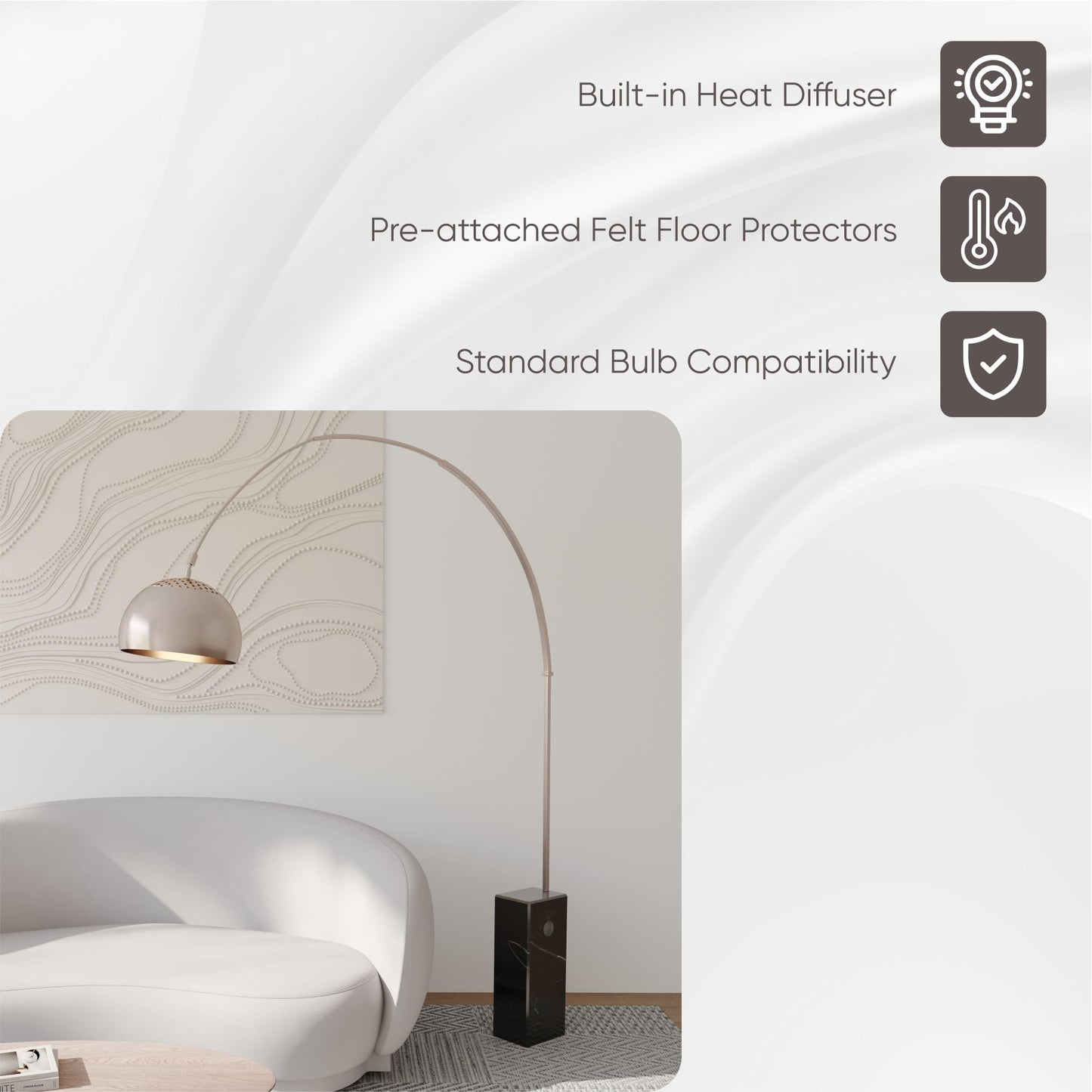 LeisureMod Floor Lamp with Marble Base, Brushed Stainless Steel, 96inH, Black, Model AL22W