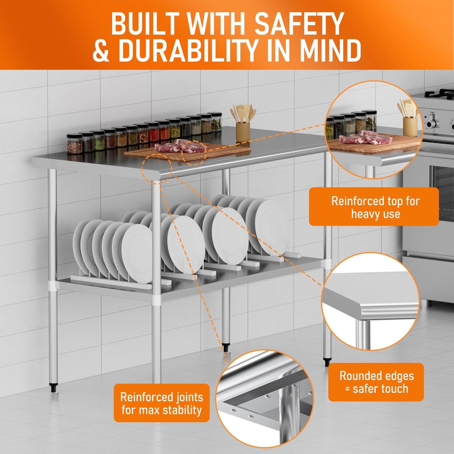 HOCCOT Stainless Steel Table for Food Prep & Work 30 x 60 inches Utility Table with Adjustable Undershelf, Commercial Workstation in Kitchen, Garage, Outdoor BBQ