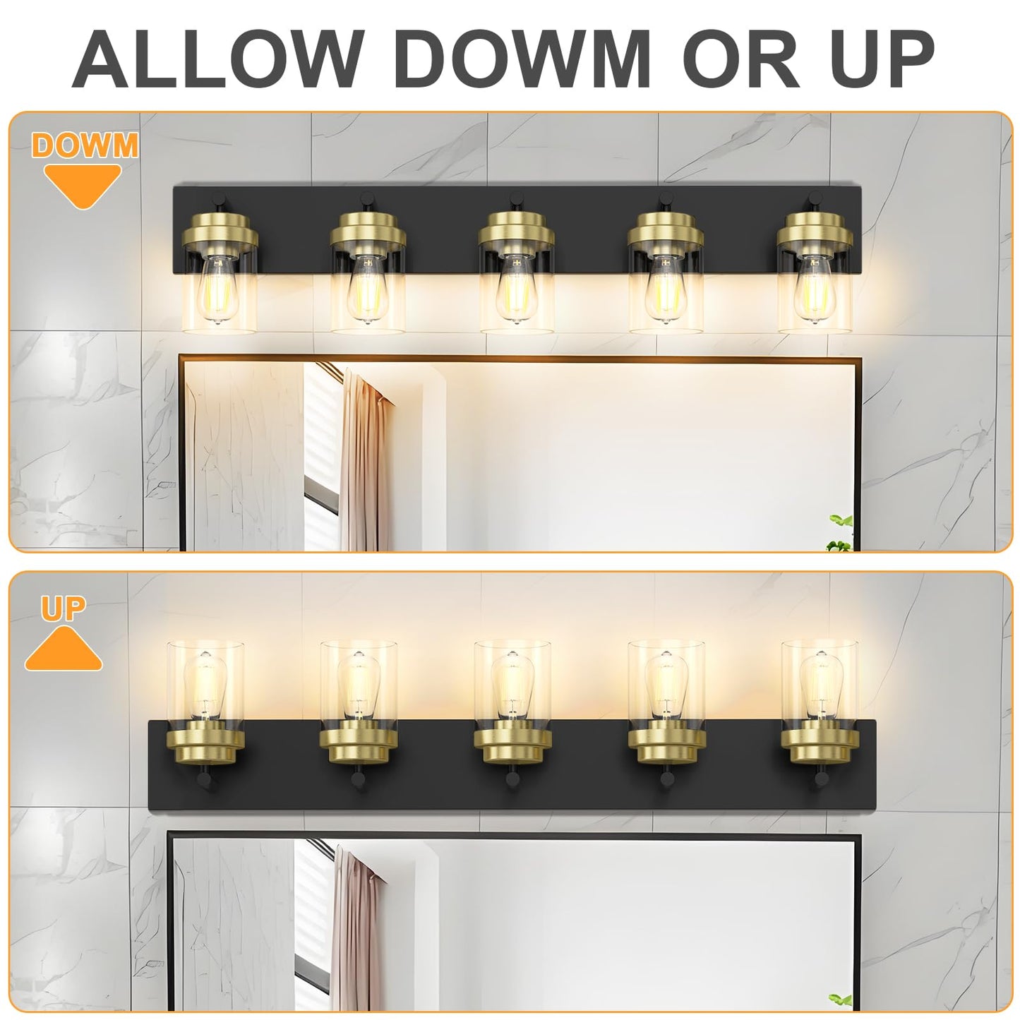 Izorro Bathroom Vanity Light Fixture  5-Light 36 Inch Black And Gold Bathroom Light Fixtures Over Mirror  With Clear Glass Shade  Modern Farmhouse Vanity Lights  Rustic Restroom Lighting Fixtures