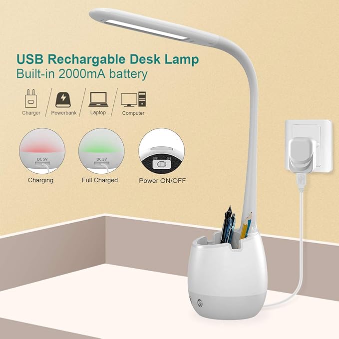 ERAY Rechargeable Battery Operated Lamp with 3 Color Modes/8 Colors Night Light/Pen Holder, Kids LED Desk Table Lamp for Home Office Dorm Reading Studying, Eye Caring, Ideal Gifts, Adapter Included