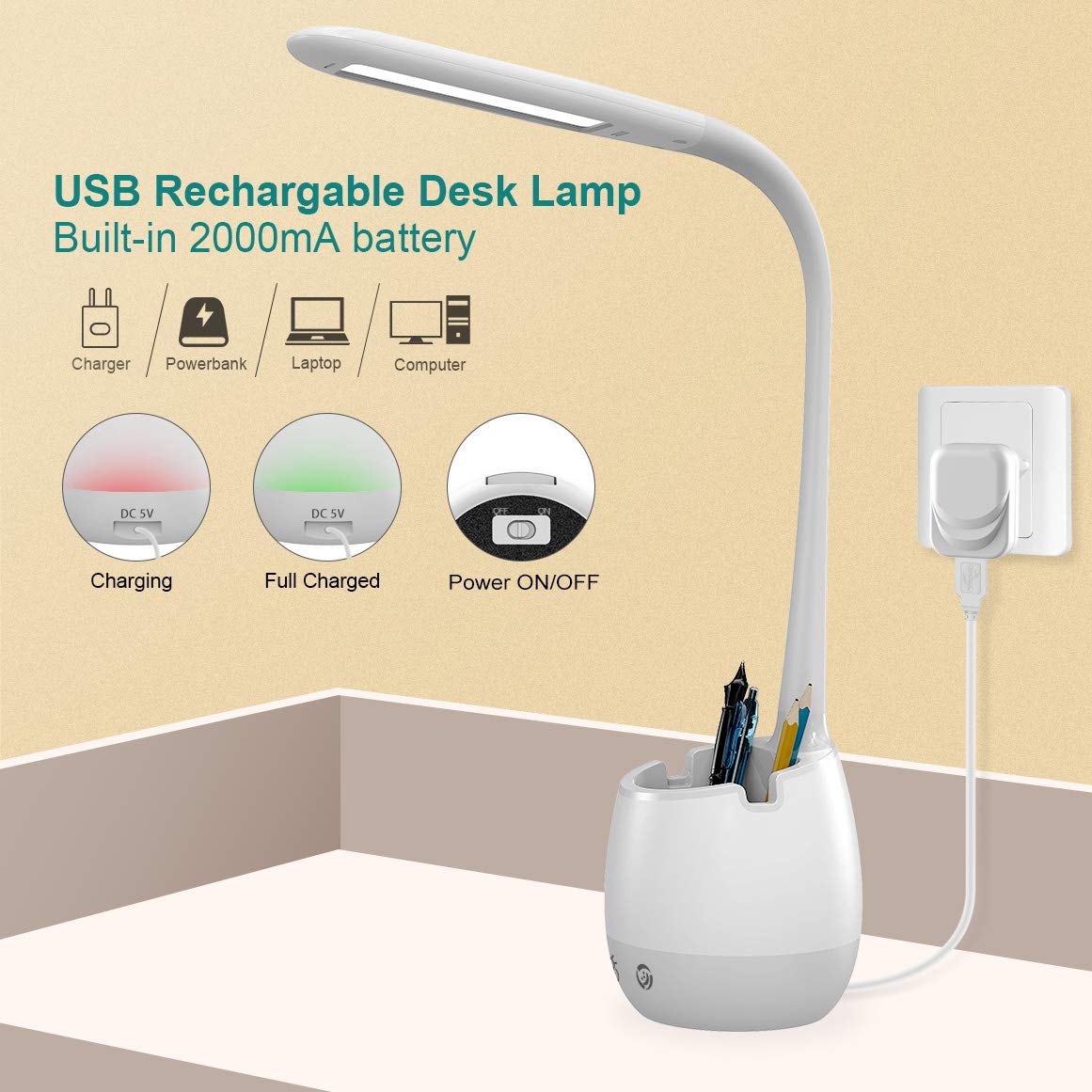 ERAY Kids Desk Lamp LED T22 Rechargeable 2000mAh with Pen Holder, 8 Colors, 3 Brightness Levels, Multicolor