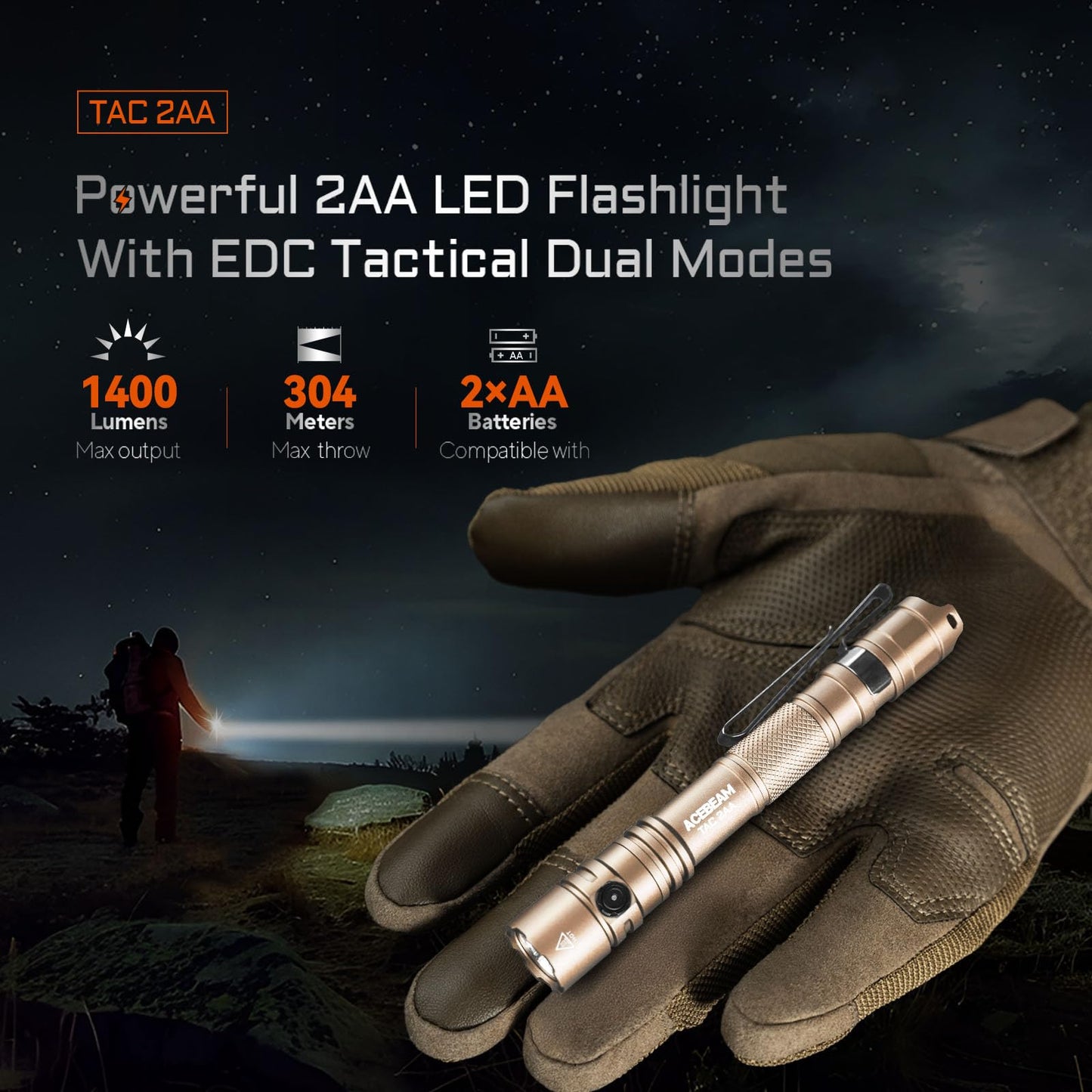 ACEBEAM TAC 2AA EDC Tactical Flashlight, 1400 Lumens, Rechargeable, Aluminum, Desert 6500K, Compact for Emergency and Camping