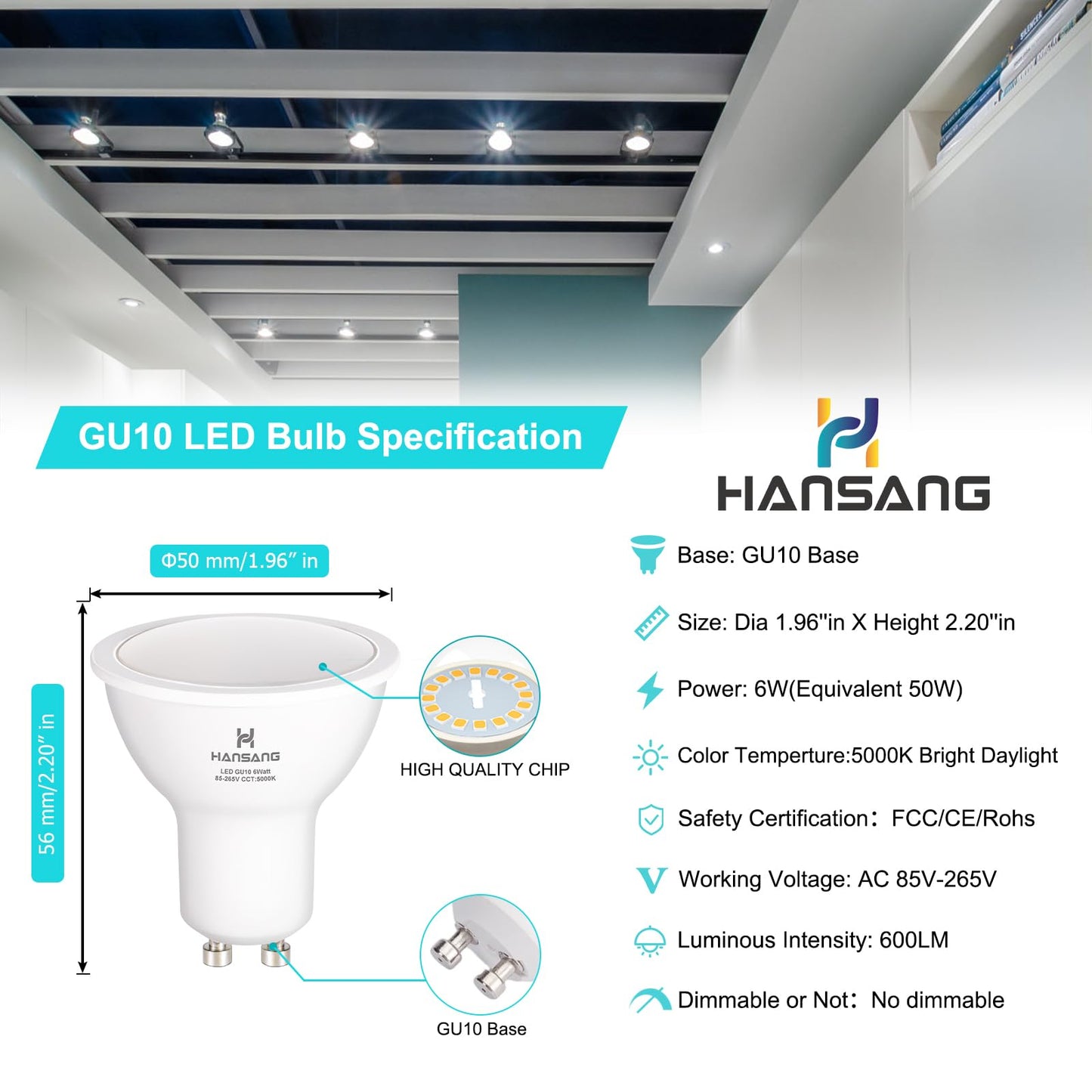 hansang GU10 LED Bulbs, 5.5W 50W Halogen Replacement, 550 Lumens, 5000K Daylight, Frosted MR16, 6 Count