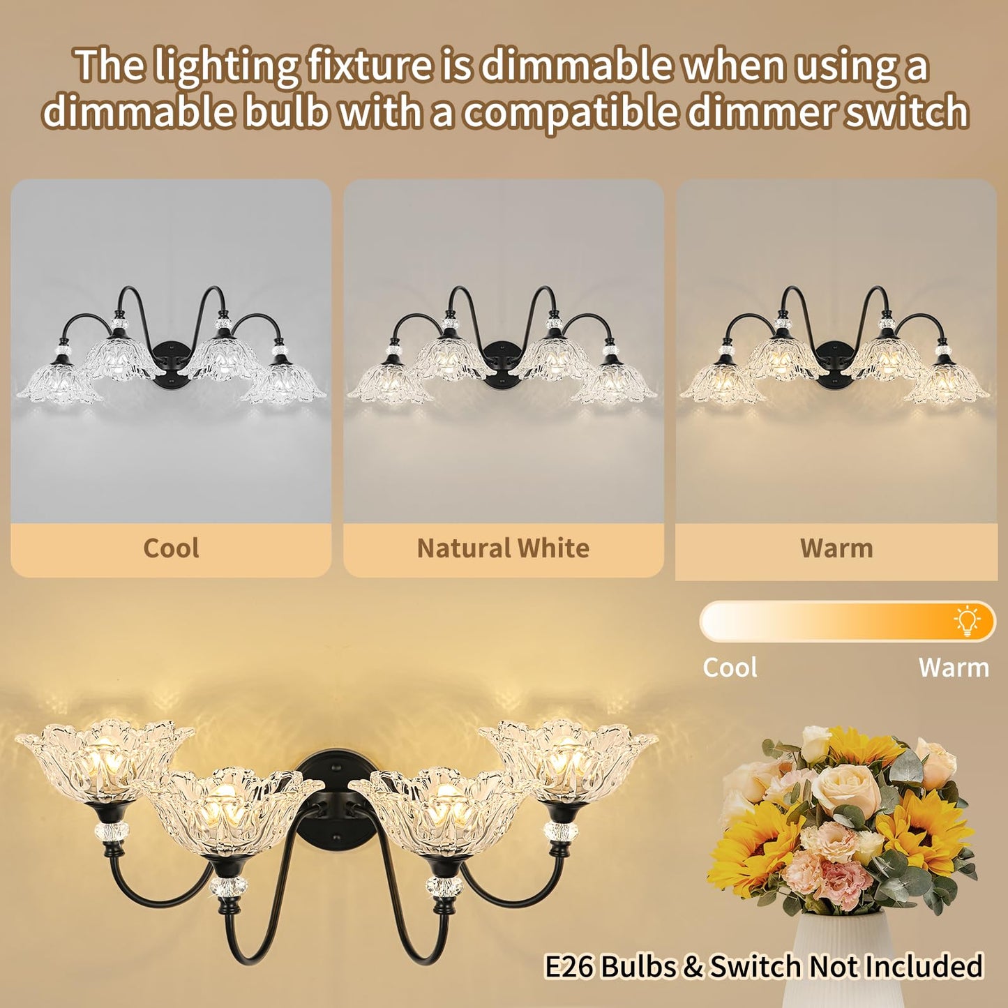 Sunkryster 4-Light Matte Black Bathroom Vanity Light  Farmhouse Vanity Light With Floral Clear Glass Shades  Vintage Wall Mount Lighting For Bathroom