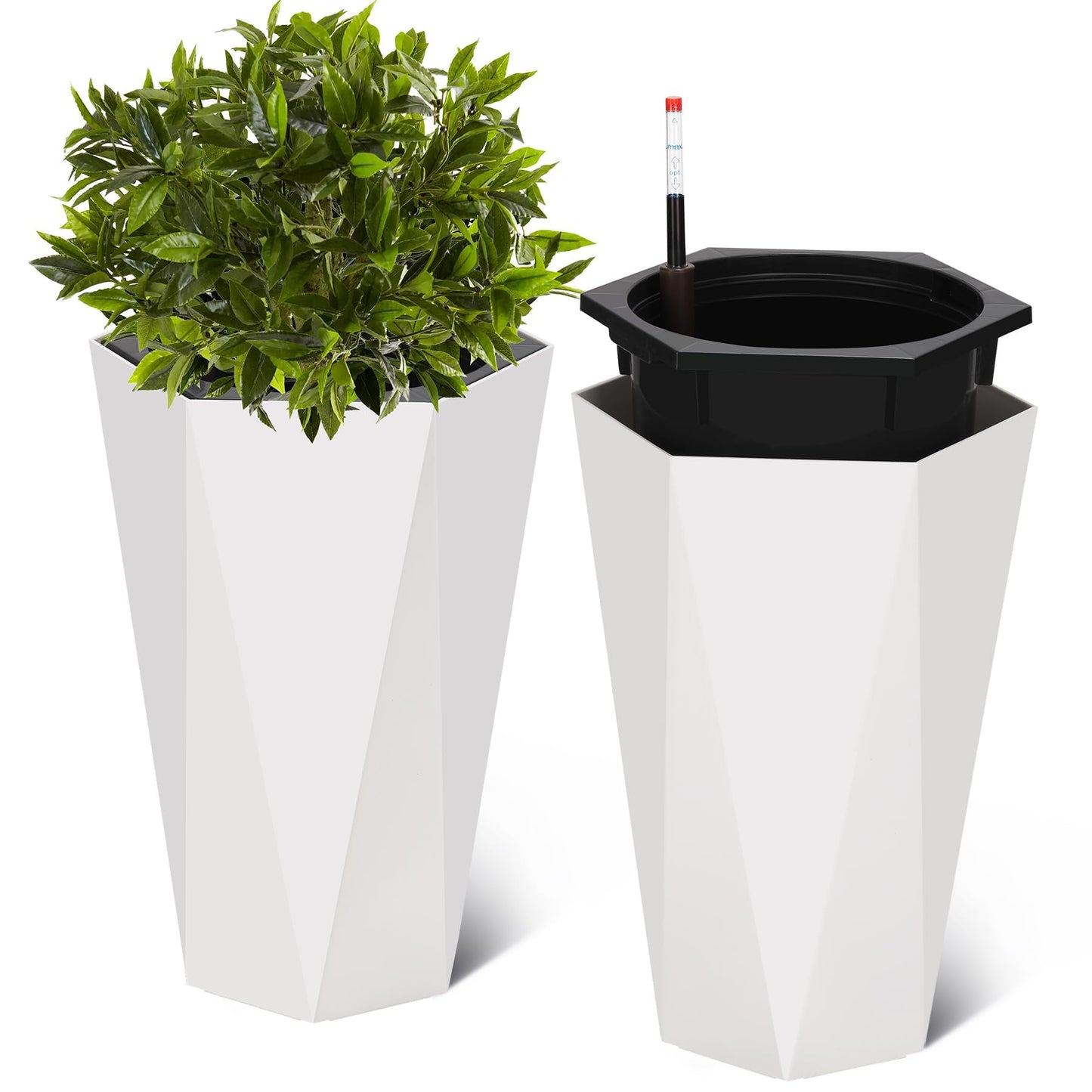 LuyFuitre Set of 2 Tall Planters for Outdoor Plants, 22.5 Inch Tall Planter Pots with Water Level Monitor, Wheels & Inner Bucket for Indoor Outdoor, White