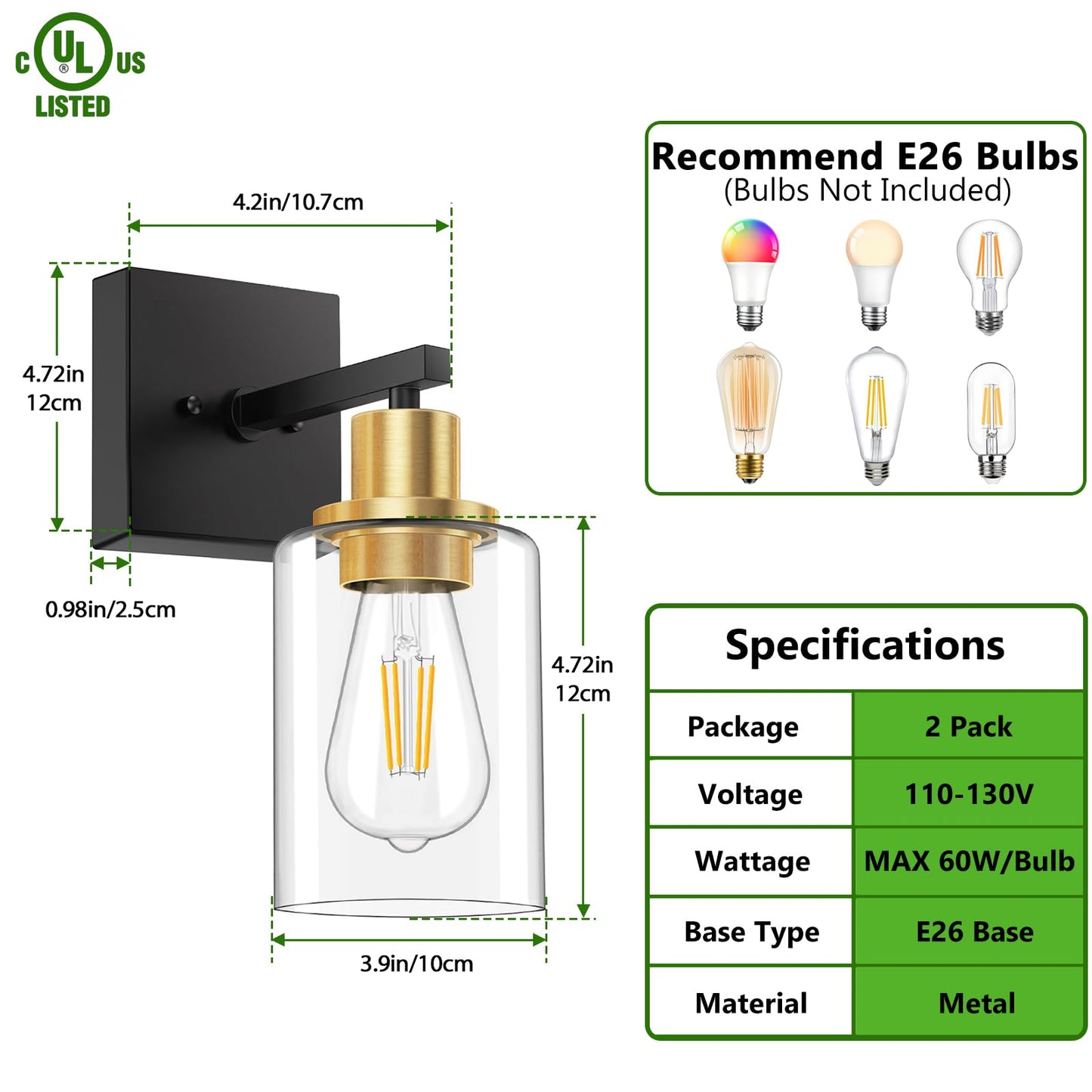 Licperron Wall Sconces Set Of 2, Black & Gold Matte Fixtures With Clear Glass Shade, Model Bg-Glass-Sconce, For Bathroom & Living Room