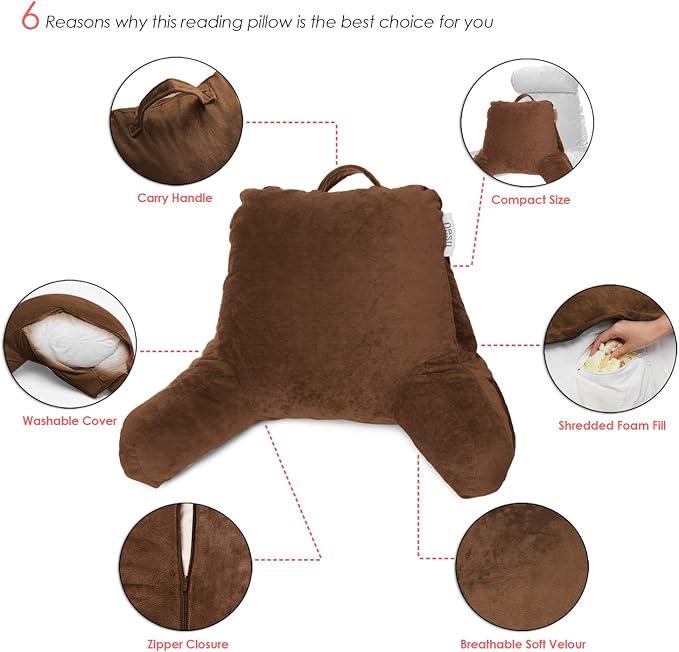 Nestl Reading Pillow Standard Bed Pillow, Back Pillow for Sitting in Bed Memory Foam Chair Pillow, Reading & Bed Rest Pillows Chocolate Brown Back Pillow for Bed, Bed Chair Arm Pillow with Pockets