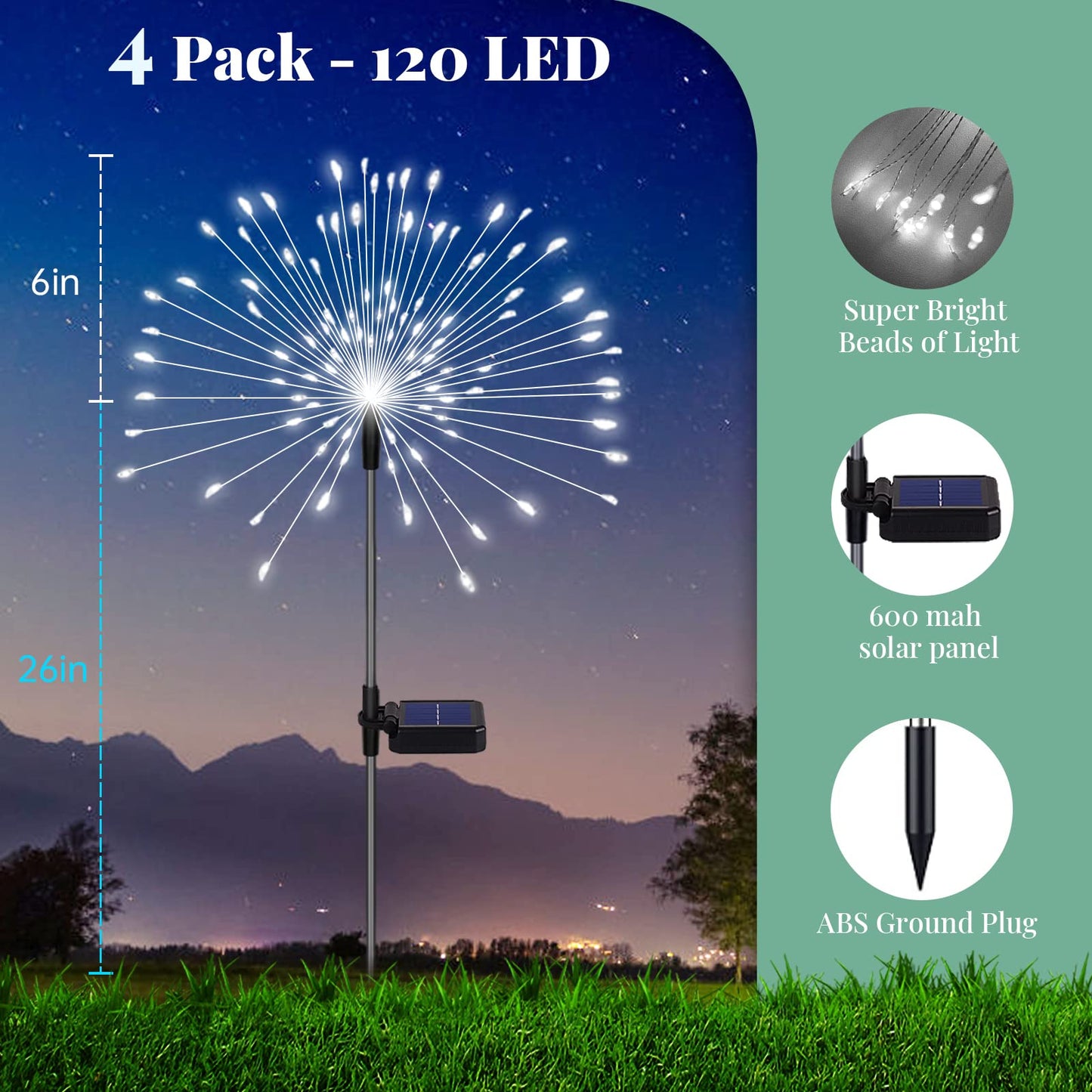 Solar Firework Lights - 4 Pack 120 Led Decorative Starburst Lights  12 Hrs Working Time  For Garden Pathway  Courtyards  Wedding & Christmas Decor (Cool White)