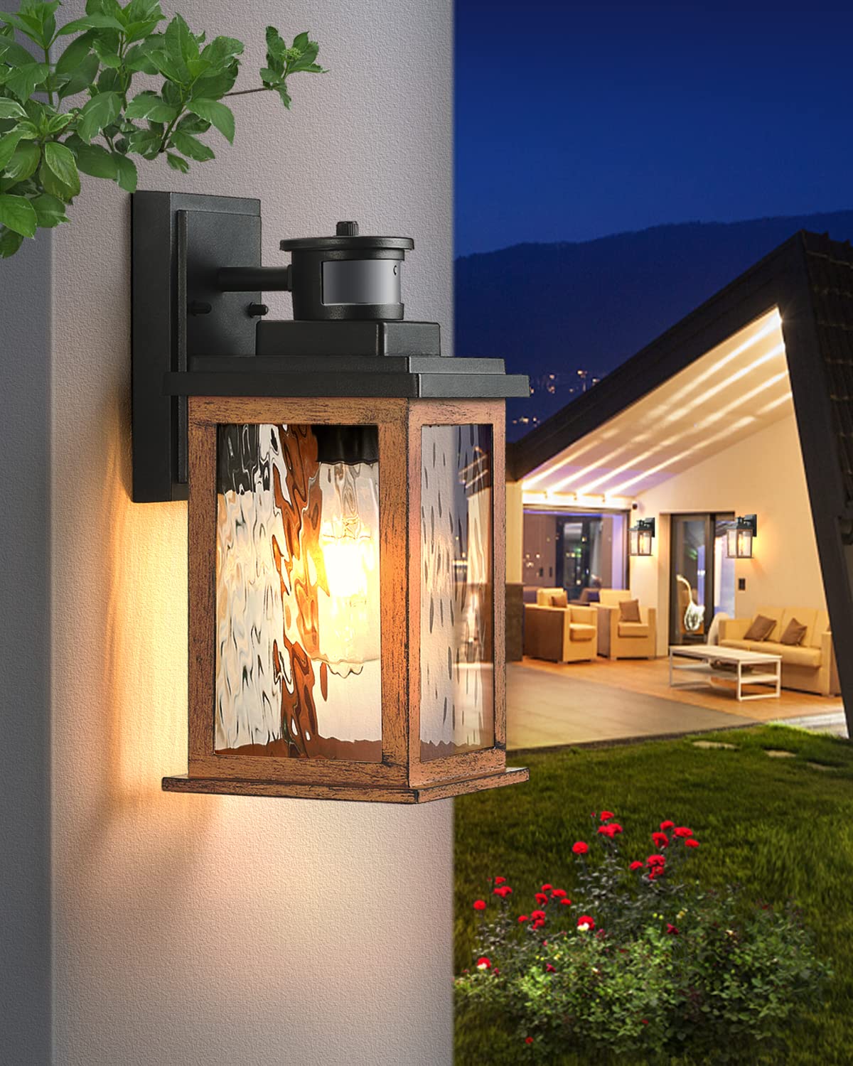 Vianis Motion Sensor Outdoor Lights, Waterproof Wall Mount Lantern, Wood Grain, Model V81011Gr, Dusk To Dawn Sconce For Entryway