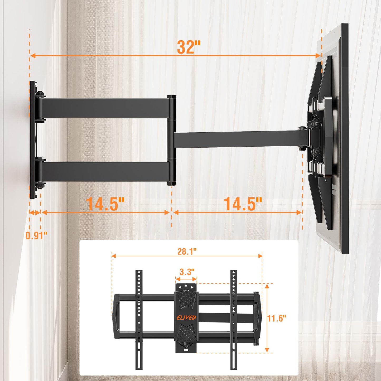 ELIVED Long Arm TV Mount for Most 42-75 Inch TVs, 32" Long Extension Arm Corner TV Wall Mount, Articulating Wall Mount tv Bracket Swivel and Tilt, Holds up to 99 lbs. Max VESA 600x400mm, YD1036
