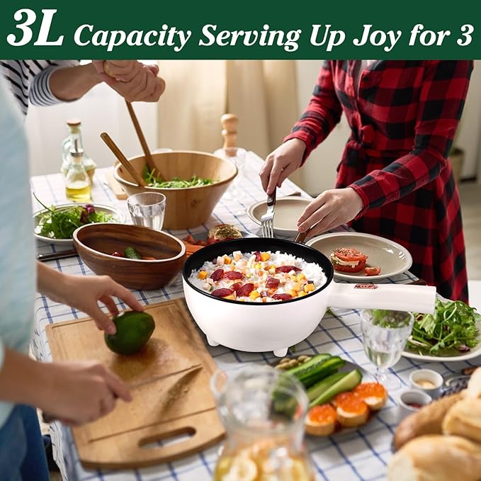 Hot Pot Electric with Steamer, 3L Non-Stick Sauté Pan, Rapid Noodles Cooker with Spatula, Mini Pot for Steak, Egg, Ramen, Electric Cooker with Dual Power Control, Over-Heating Boil Dry Protection