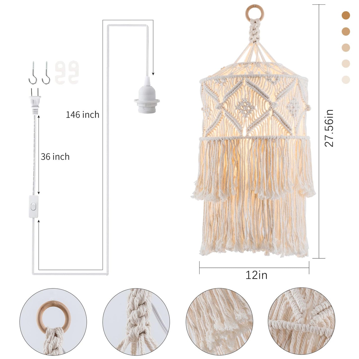 FLSFU Boho Pendant Light, Handmade Macrame Shade, Plug-in Cord, Beige, Model BOHO-04