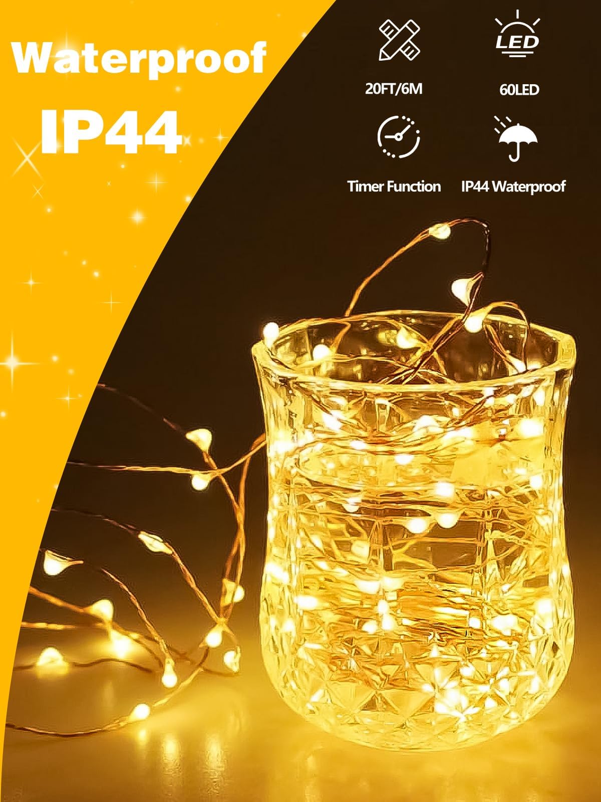BOSSERN 8 Pack 20FT 60LED Fairy Lights, Battery Operated, Waterproof, with Remote, Warm White, DCHD-06-60LED-RM-WarmWhite