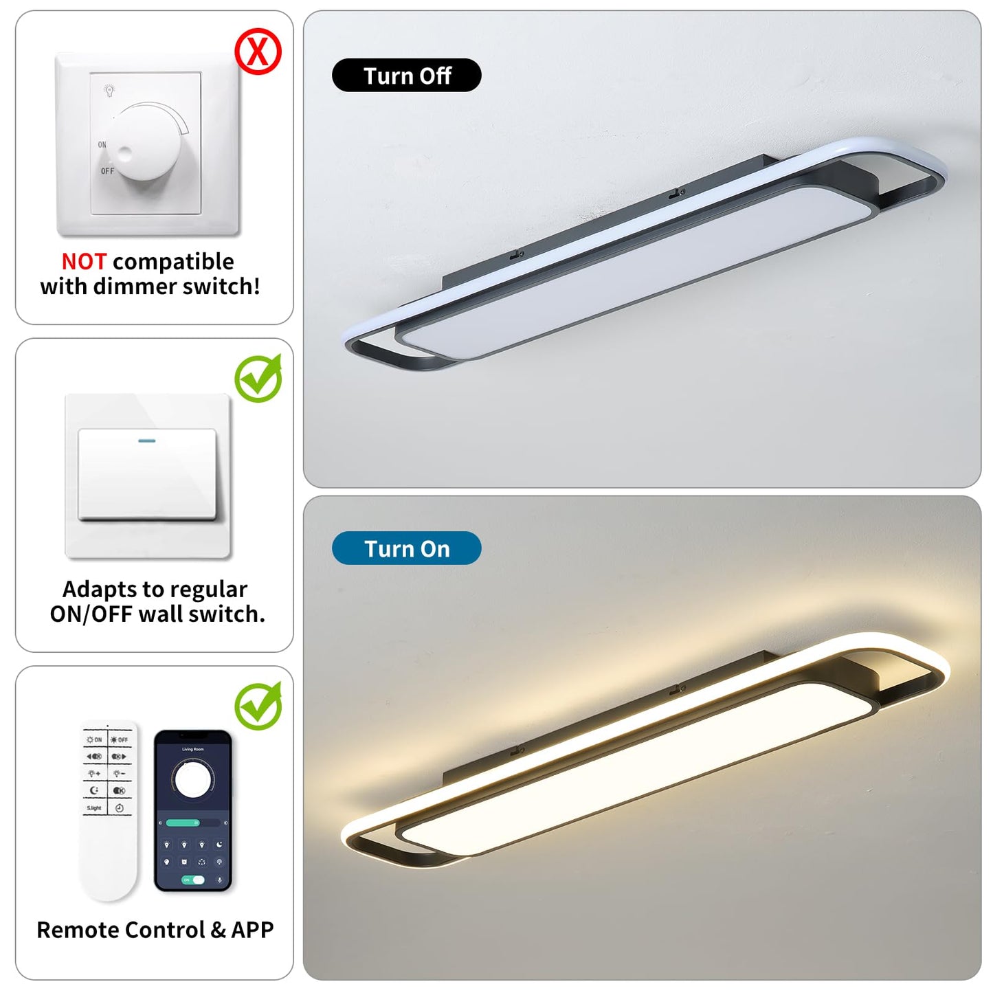 Oranoor Modern Led Ceiling Lighting With Remote  70W Dimmable Black Linear Flush Mount Light Fixture  39.4 Low Profile Lights Fixture Long Led Ceiling Lamp For Kitchen Bedroom Living Room Hallway