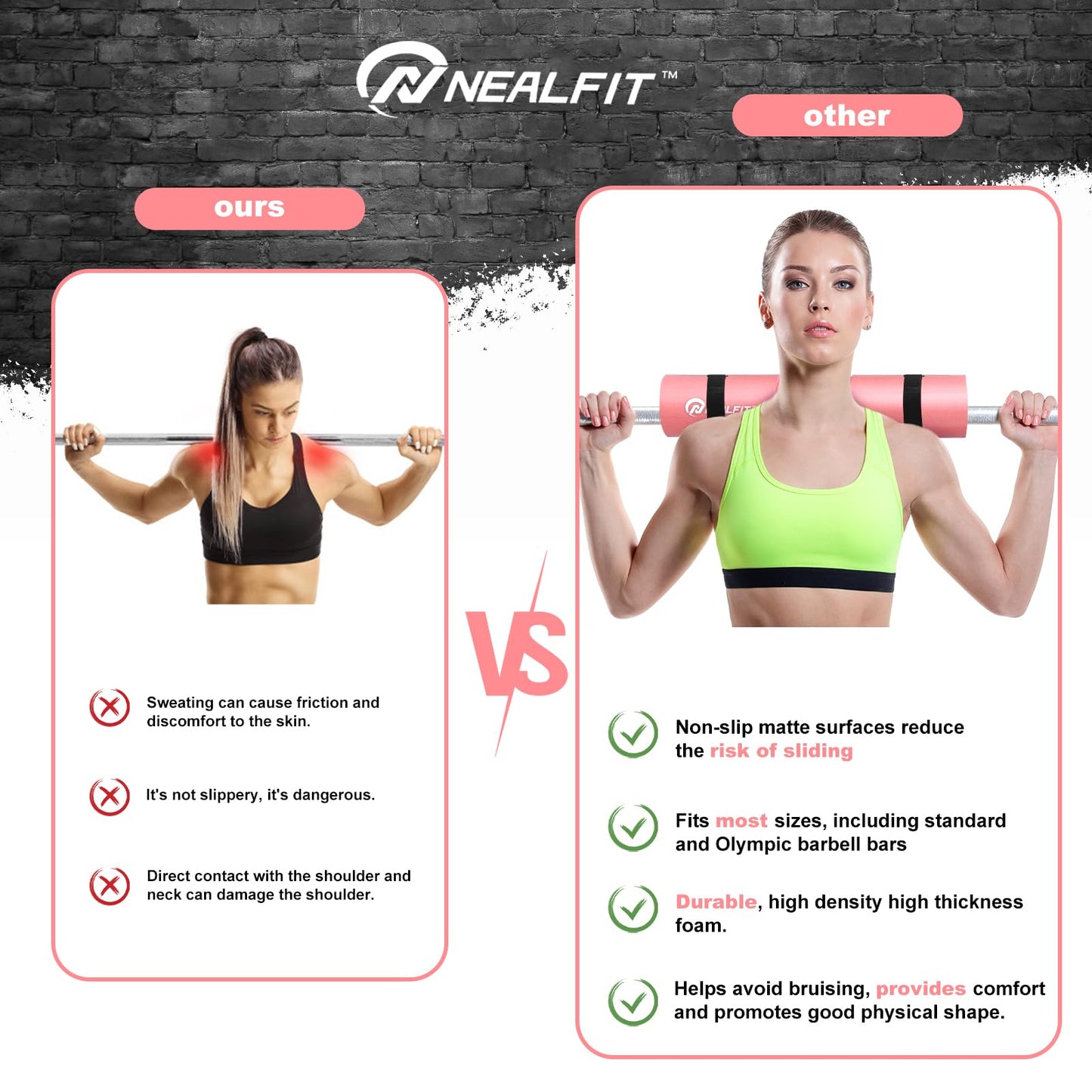 NEALFIT Barbell Pad Squat Pad for Squats—Squat Bar Pad—Great for Weightlifting,Lunges and Hip Thrusts—Foam Sponge Pad—Fit Standard and Olympic Bars Perfectly (Light Pink)