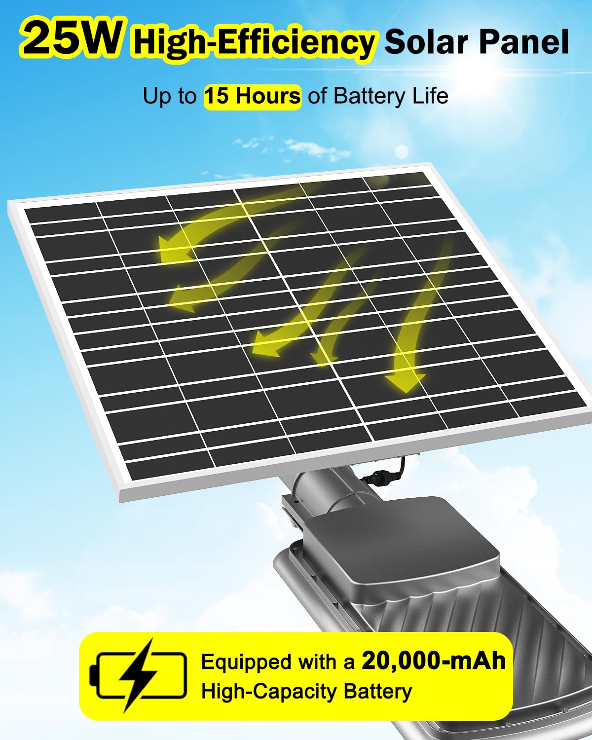 Engrepo Solar Street Light, 15-Hour Runtime, IP65 Waterproof, Remote Control, 20000mAh, Black, Model AX-YYC-200W