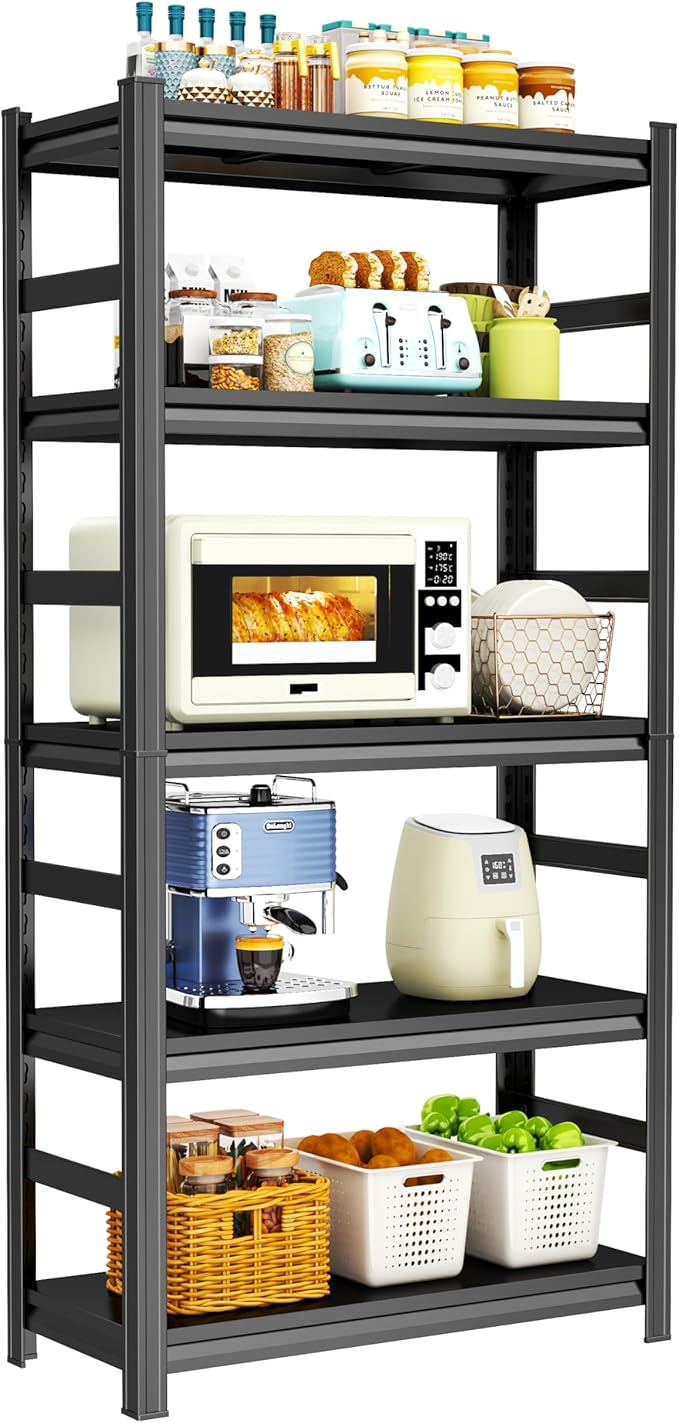 Kitchen Shelves Heavy Duty 5-Tier Storage Shelving, Adjustable Metal Pantry Shelf, 3000 LBS Capacity, Free Standing Kitchen Shelf Organizer, 72" H x 35.4" W x 15.8" D, Black