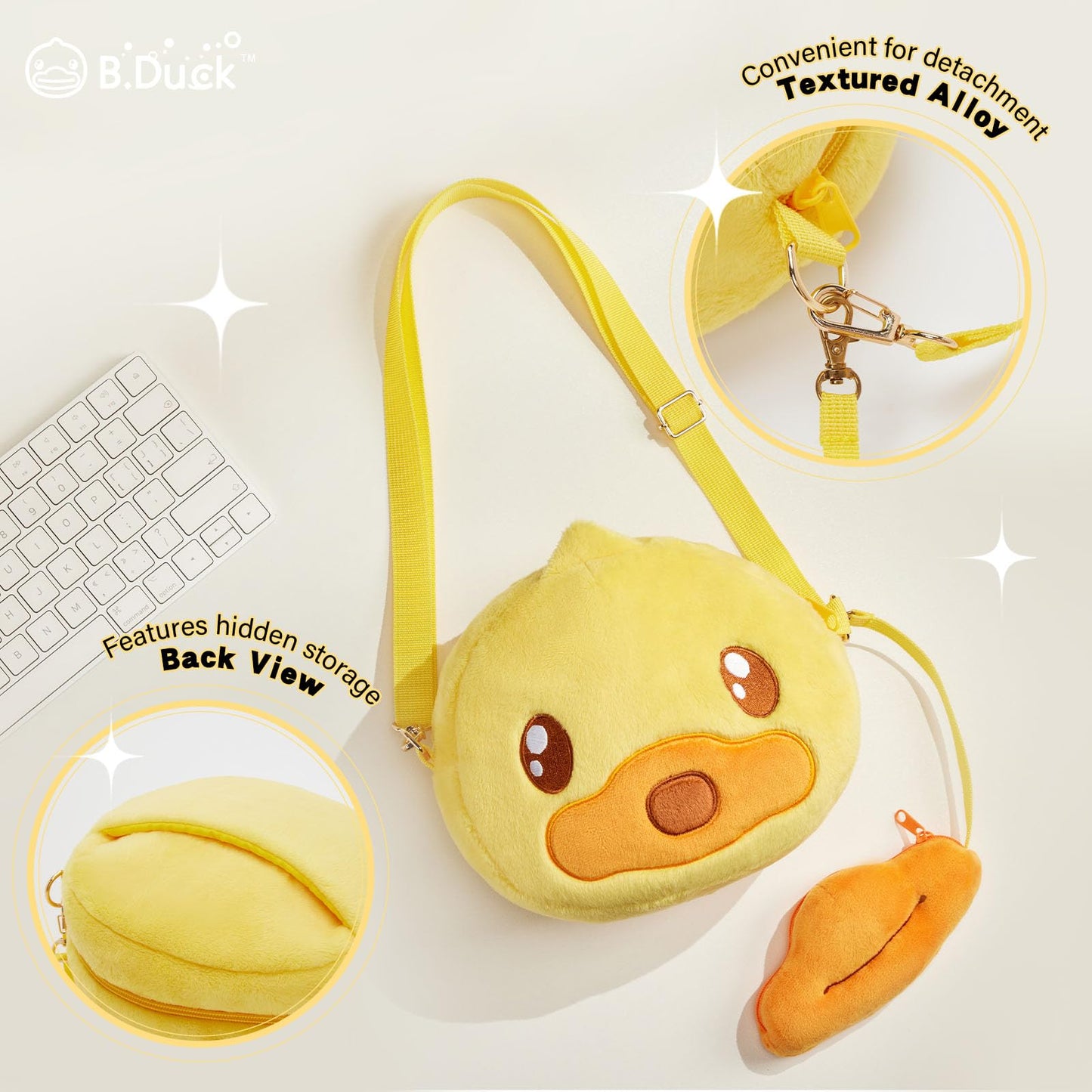 B.DUCK Plush Crossbody Bags Kawaii Handbag Cute Duck Shoulder Bag Toy Purse for Gifts (2-in-1 Duck)